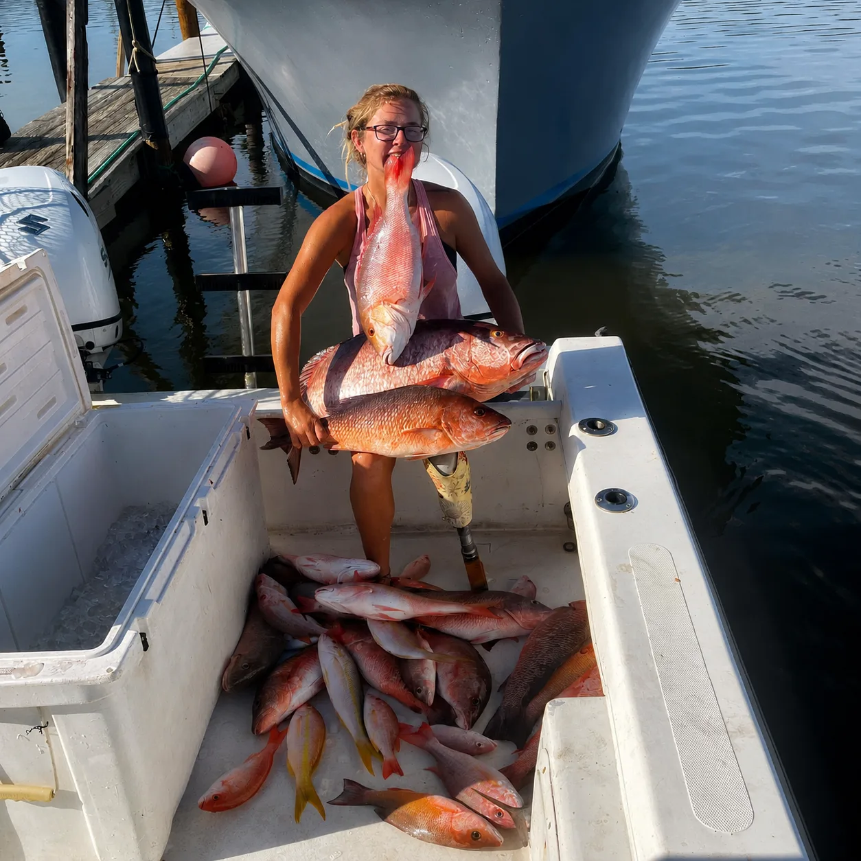 A deck full of red and mangrove snapper
